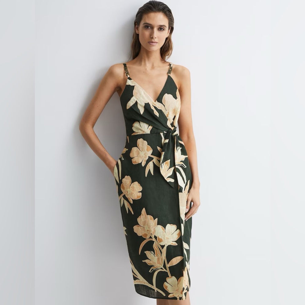 🛑SOLD🛑 REISS Alice Fitted Floral Print Midi Dress in Khaki Size 4 - Picture 1 of 12